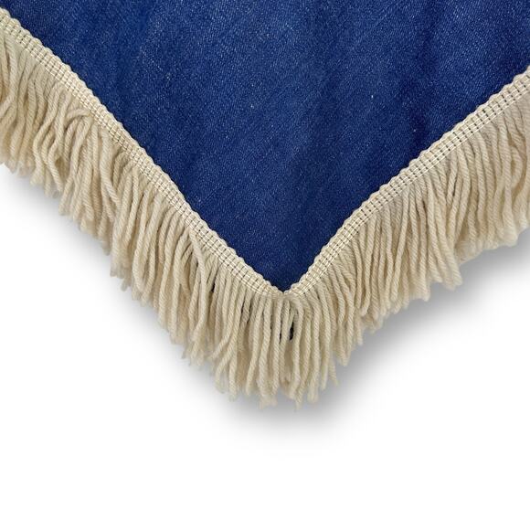 Vintage 70s Three Squares Fringe Button Rainbow Lined Denim Jean Poncho - Picture 5 of 8